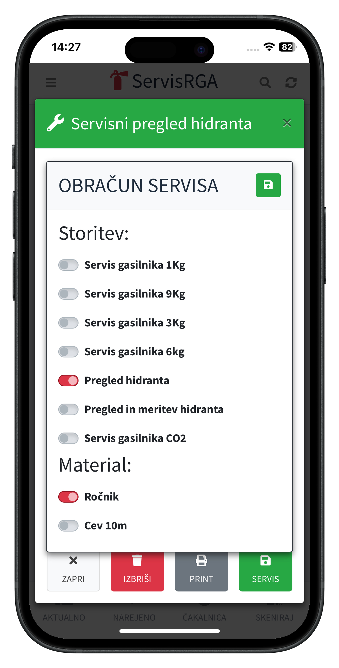 VNOS ZA OBRAČUN POSAMEZNEGA SERVISA
